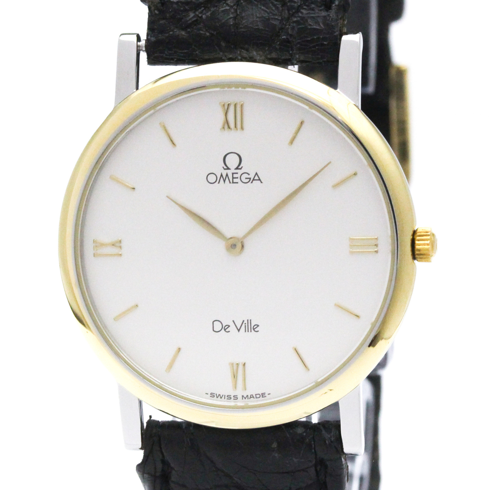 OMEGA De Ville Gold Plated Steel Leather Quartz Mens Watch 195.2378 Polished